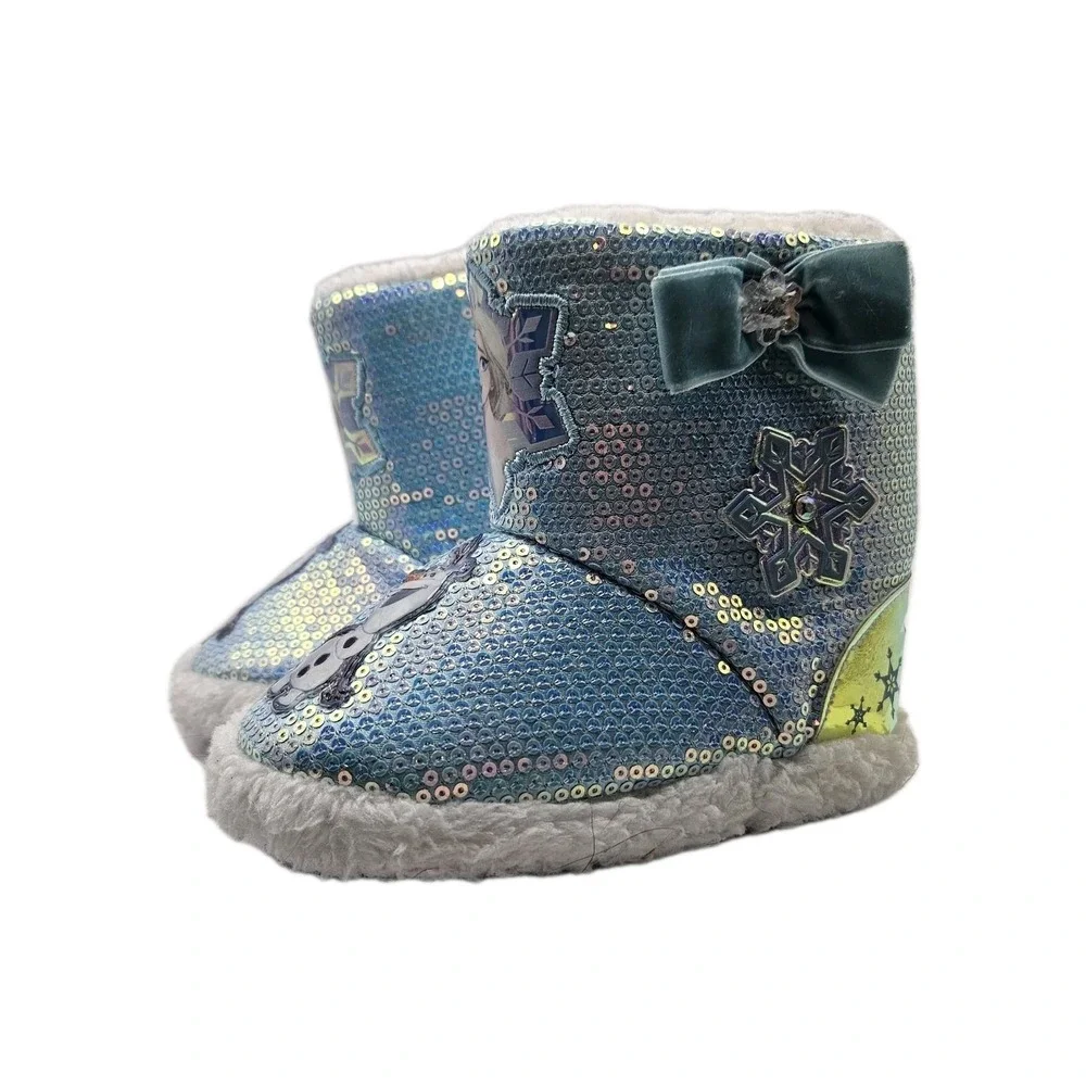 *Disney Frozen Blue Sequined Toddler Girls Slipper Booties Elsa‎ Olaf Sizes 7/8*